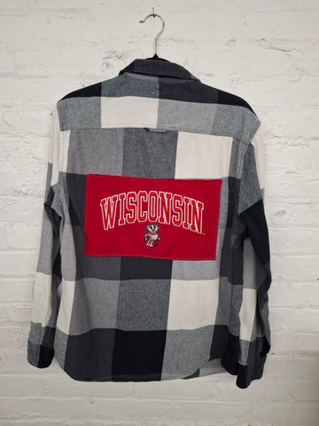 Repurposed Flannel Shirt with Wisconsin Patch