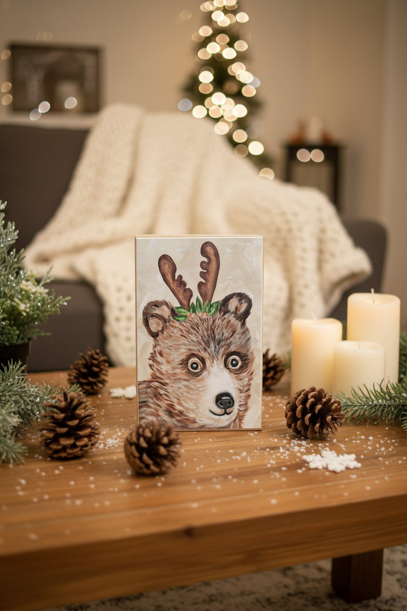 Jan Michaels' Bear With Antlers Wood Block