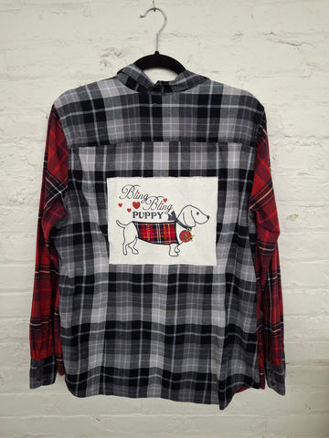 Repurposed Flannel Shirt with Bling Bling Puppy Patch