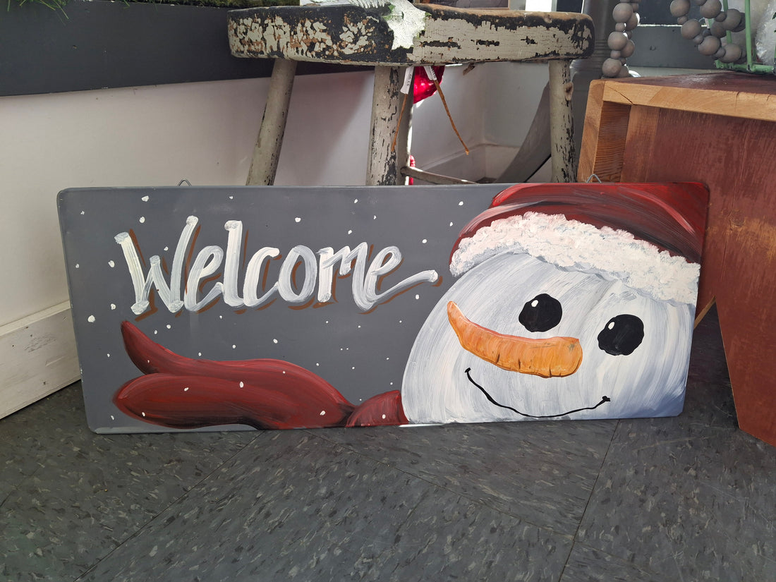 Hand Painted Snowman Welcome Tin Sign