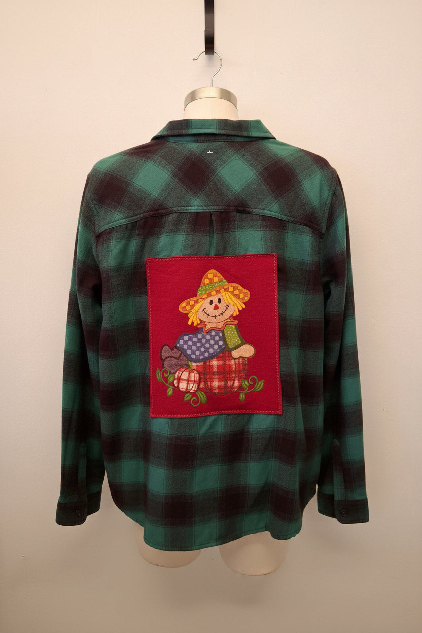 Repurposed Flannel Shirt with Scarecrow Patch
