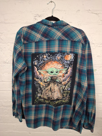 Repurposed Flannel Shirt with Painted Wise Green Guy Patch