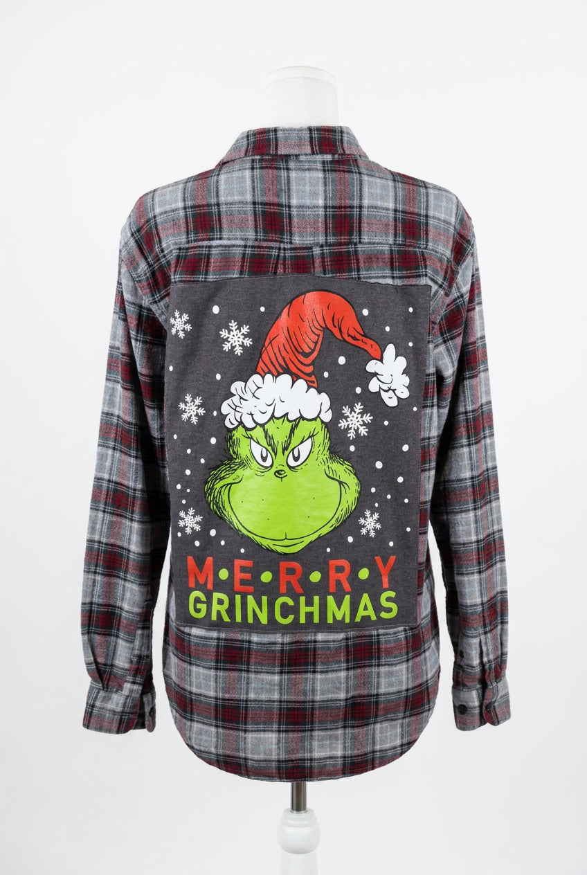 Repurposed Flannel Shirt with Grinchmas Patch