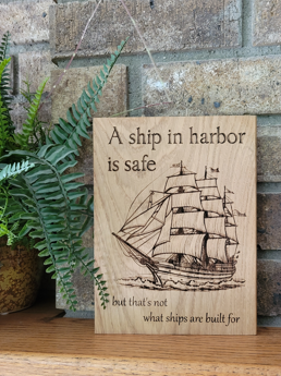 Ship In Harbor Wooden Laser Sign