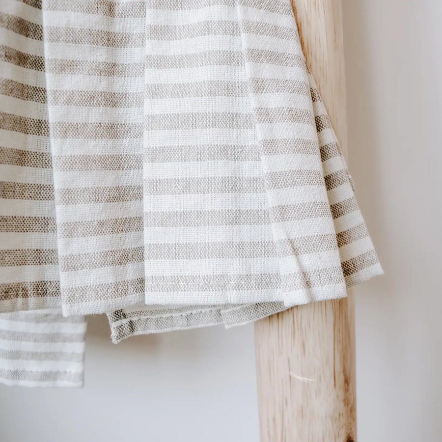 Striped Tea Towel with Ruffle - Cream with Tan Stripes