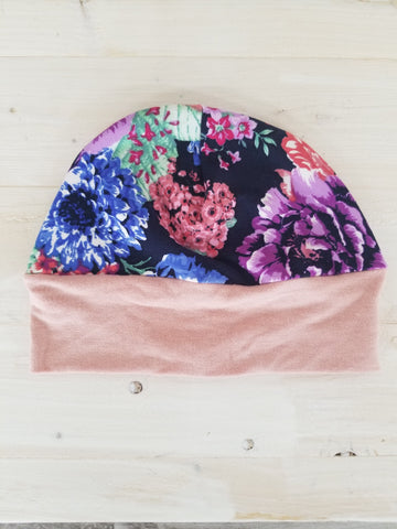 Dark Floral and Pink Baby Beanie - 3-6 mo
