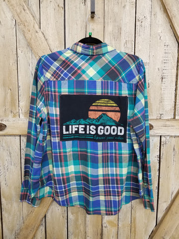 Repurposed Flannel with Life Is Good Scenic Patch