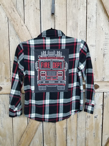 Repurposed Kids Flannel Shirt with Fire Dept Patch