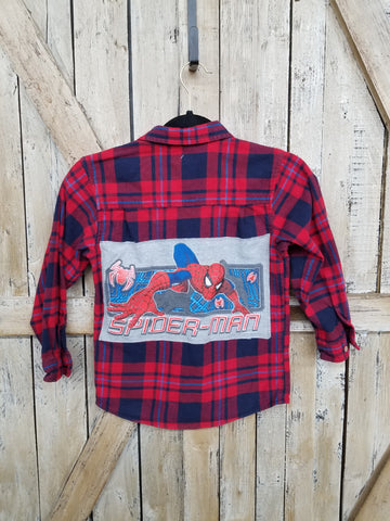 Repurposed Kids Flannel Shirt with Spider-Man Patch
