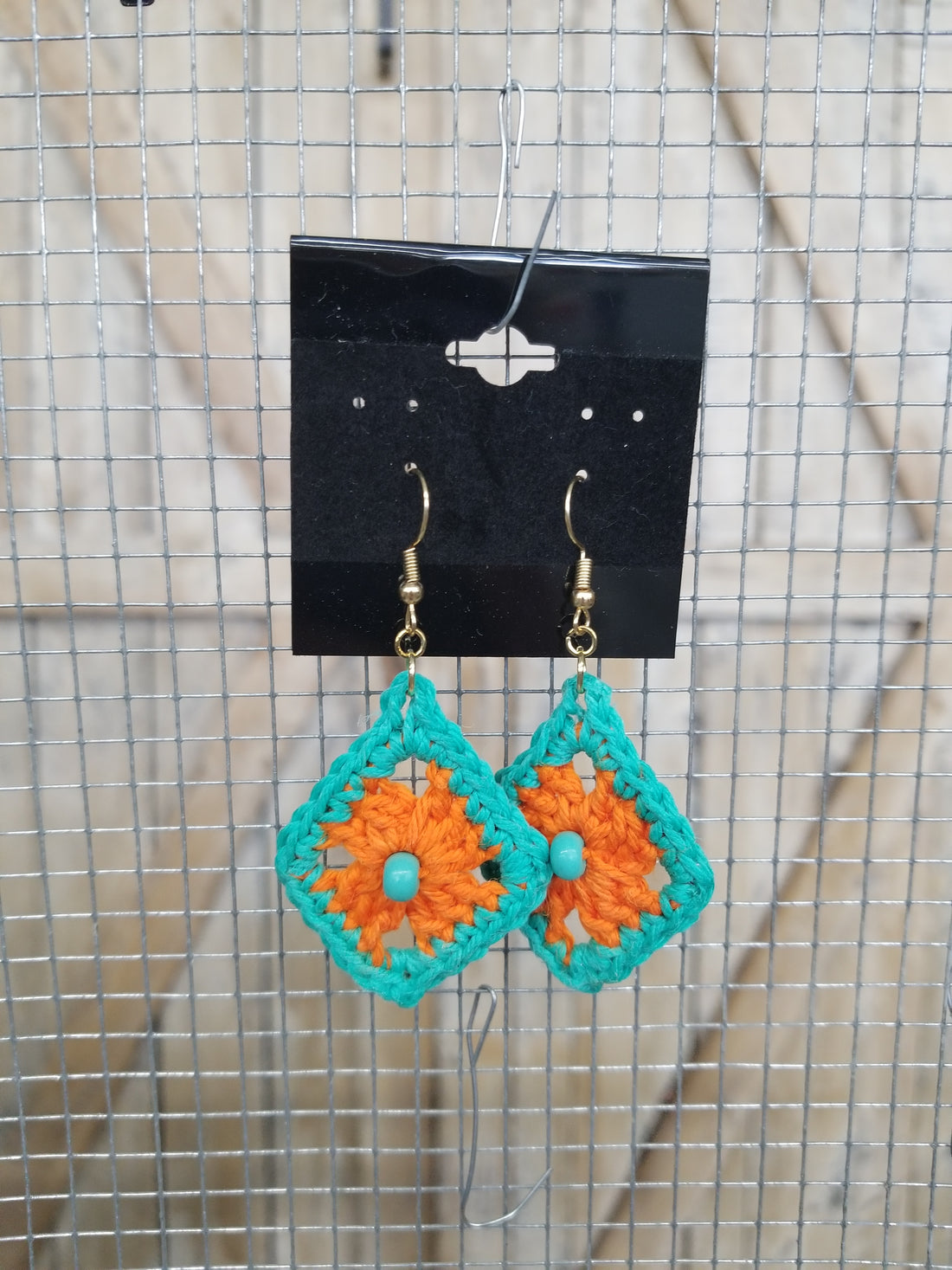 Orange Diamond with Blue Bead Crochet Earrings