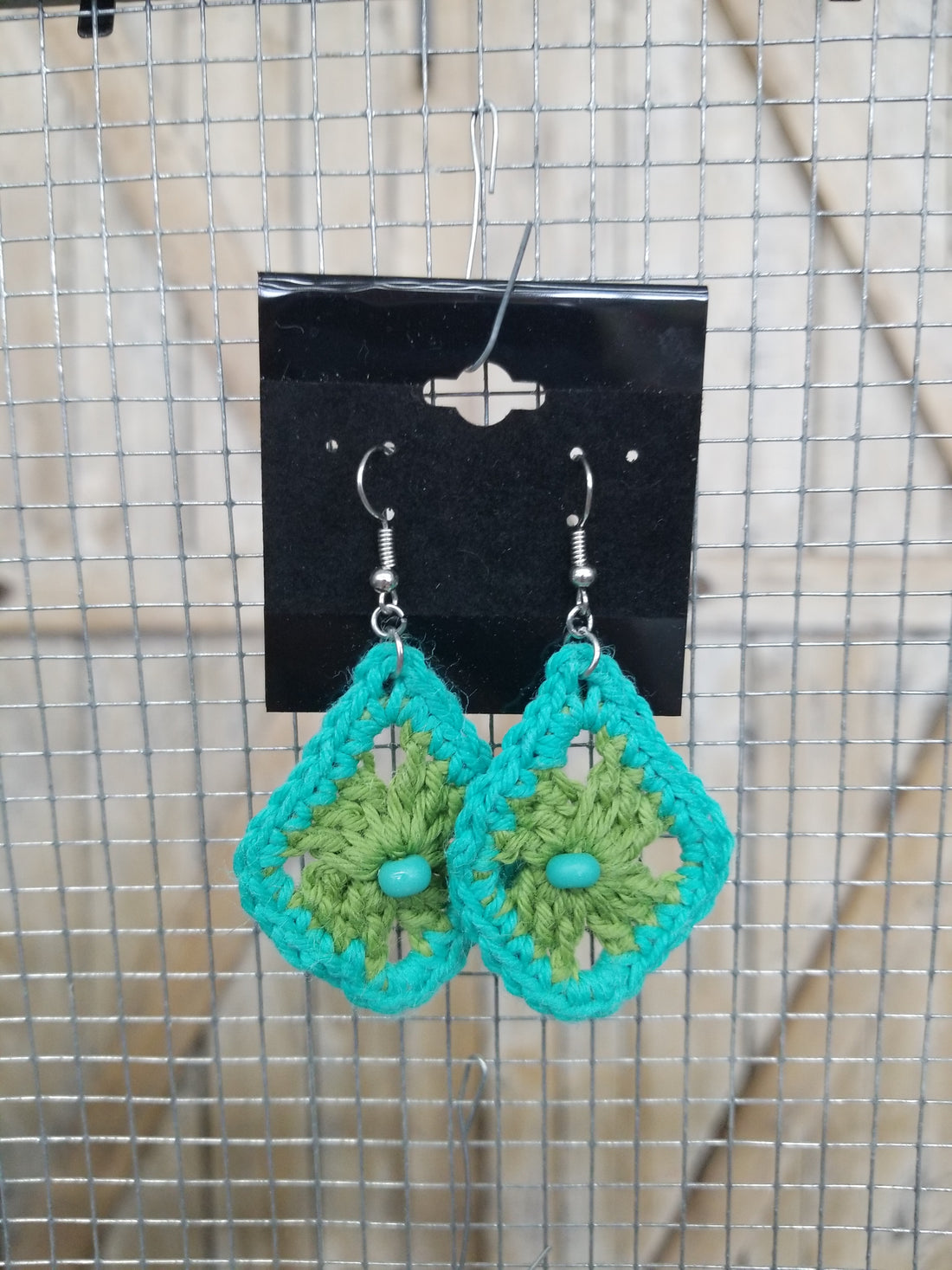 Green Diamond with Blue Bead Crochet Earrings