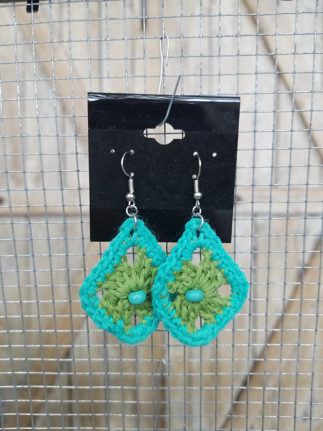 Green Diamond with Blue Bead Crochet Earrings