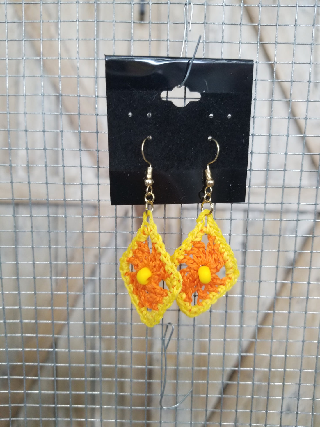 Orange Diamond with Yellow Bead Crochet Earrings