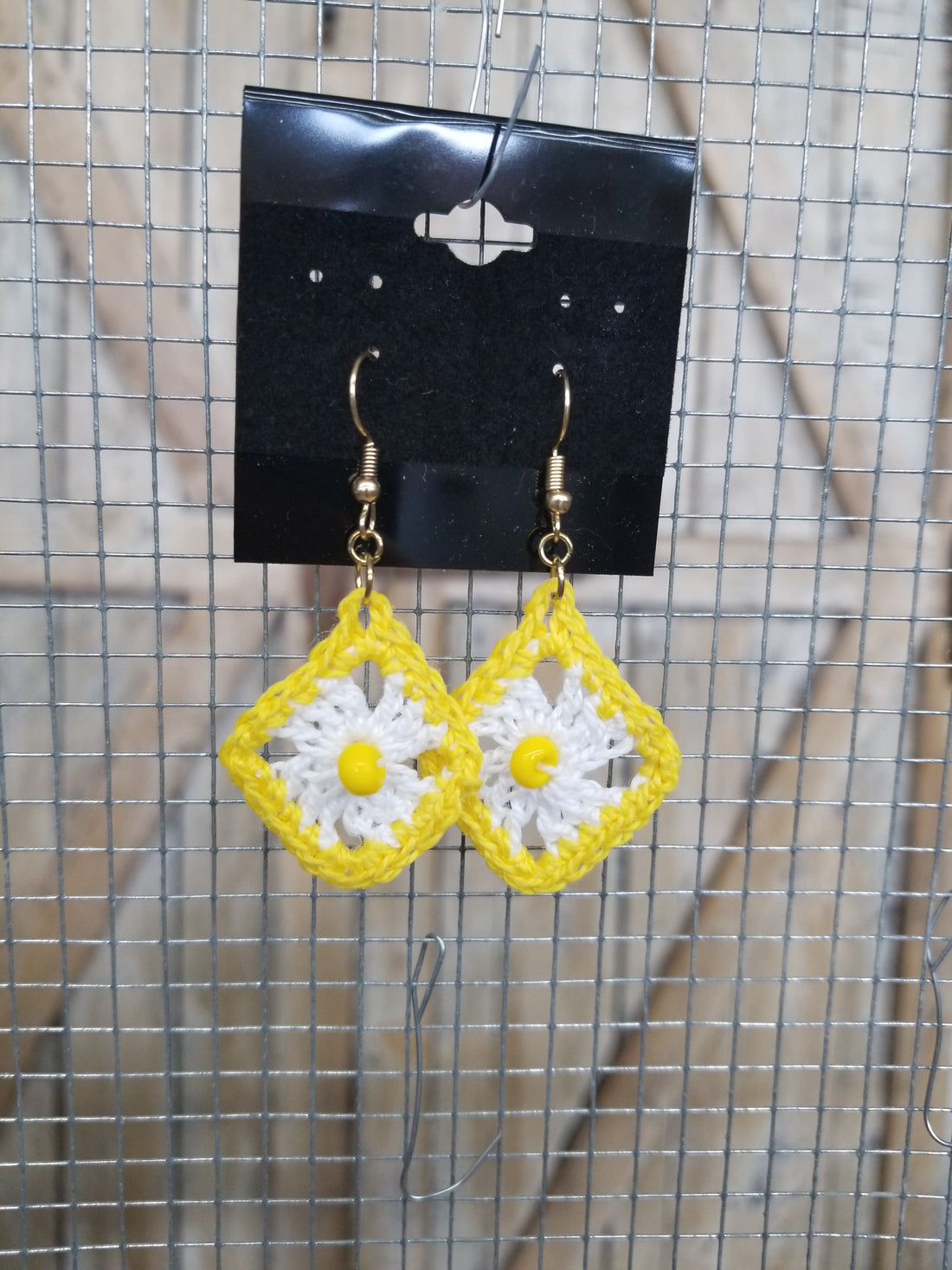 White Diamond with Yellow Bead Crochet Earrings