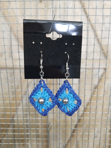 Blue Diamond with Silver Bead Crochet Earrings