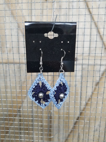 Navy Diamond with Silver Bead Crochet Earrings