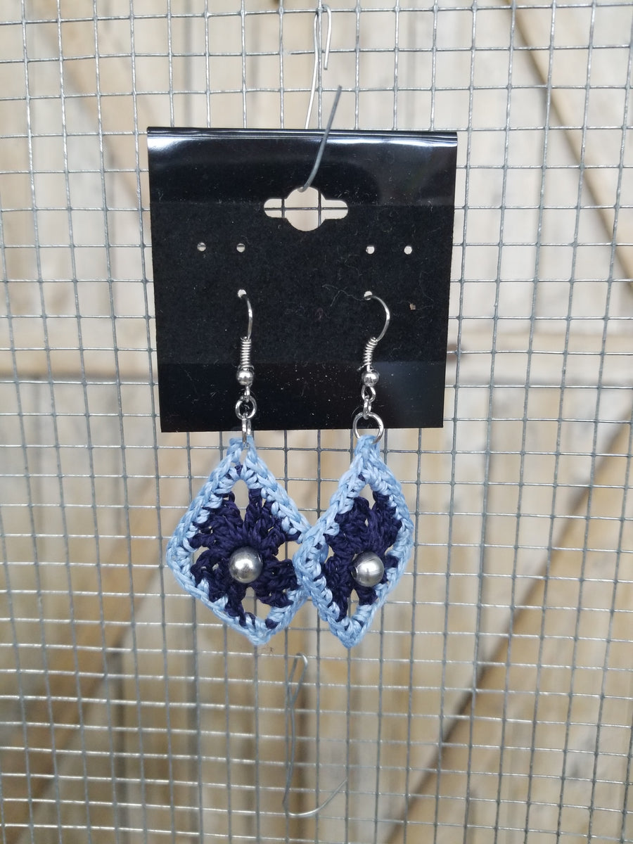 Navy Diamond with Silver Bead Crochet Earrings