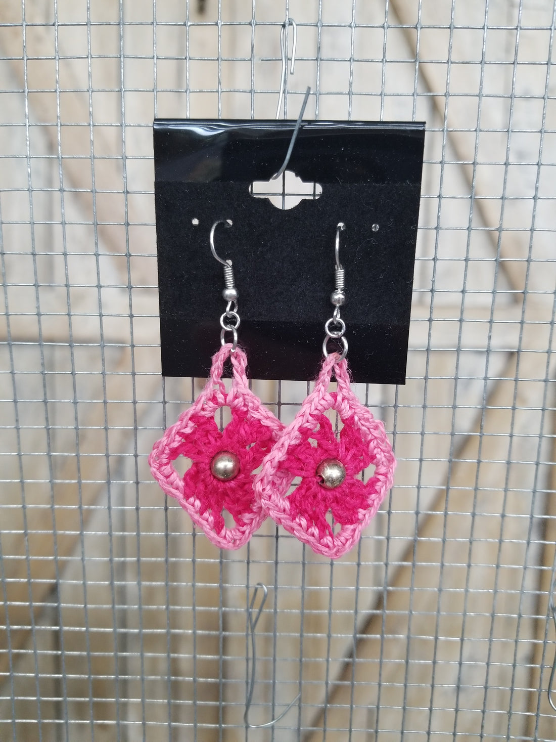 Pink Diamond with Metallic Bead Crochet Earrings