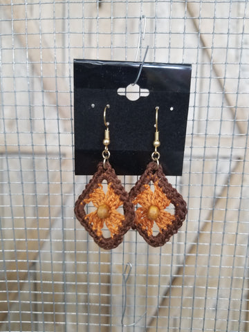 Brown Diamond with Brown Bead Crochet Earrings