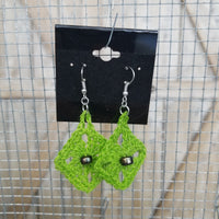 Green Diamond with Metallic Bead Crochet Earrings