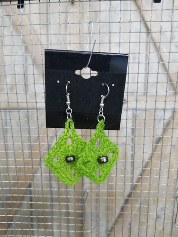 Green Diamond with Metallic Bead Crochet Earrings