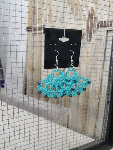 Beaded Blue Fan Crochet Earrings