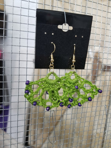 Beaded Green Fan Crochet Earrings