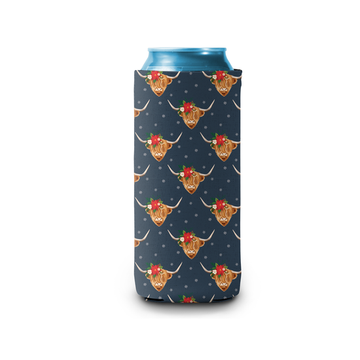 Christmas Cow with Flowers Slim Can Cooler