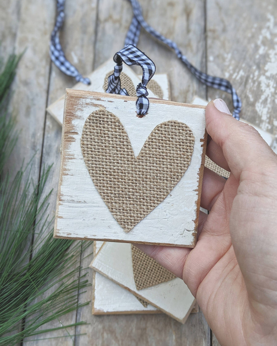 Burlap Heart Tag/Ornament with Buffalo Check Ribbon