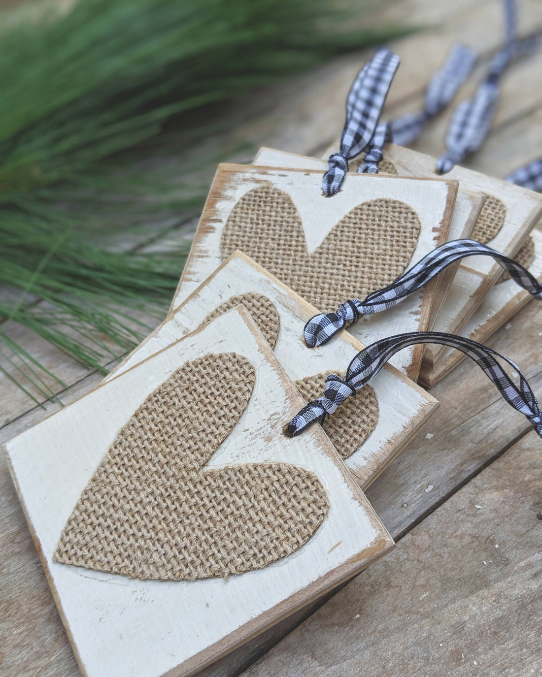 Burlap Heart Tag/Ornament with Buffalo Check Ribbon