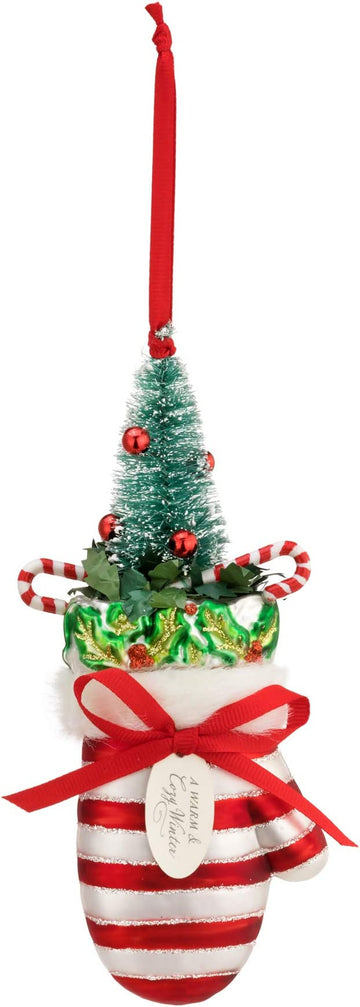 Demdaco Blown Glass Tree in Striped Mitten Ornament