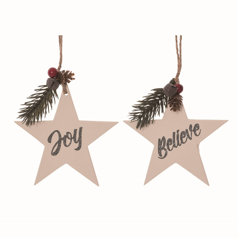Wood White Star with Metal Word Ornaments