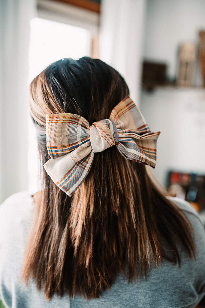 Plaid Bow Hair Barrette - Autumn Sunset