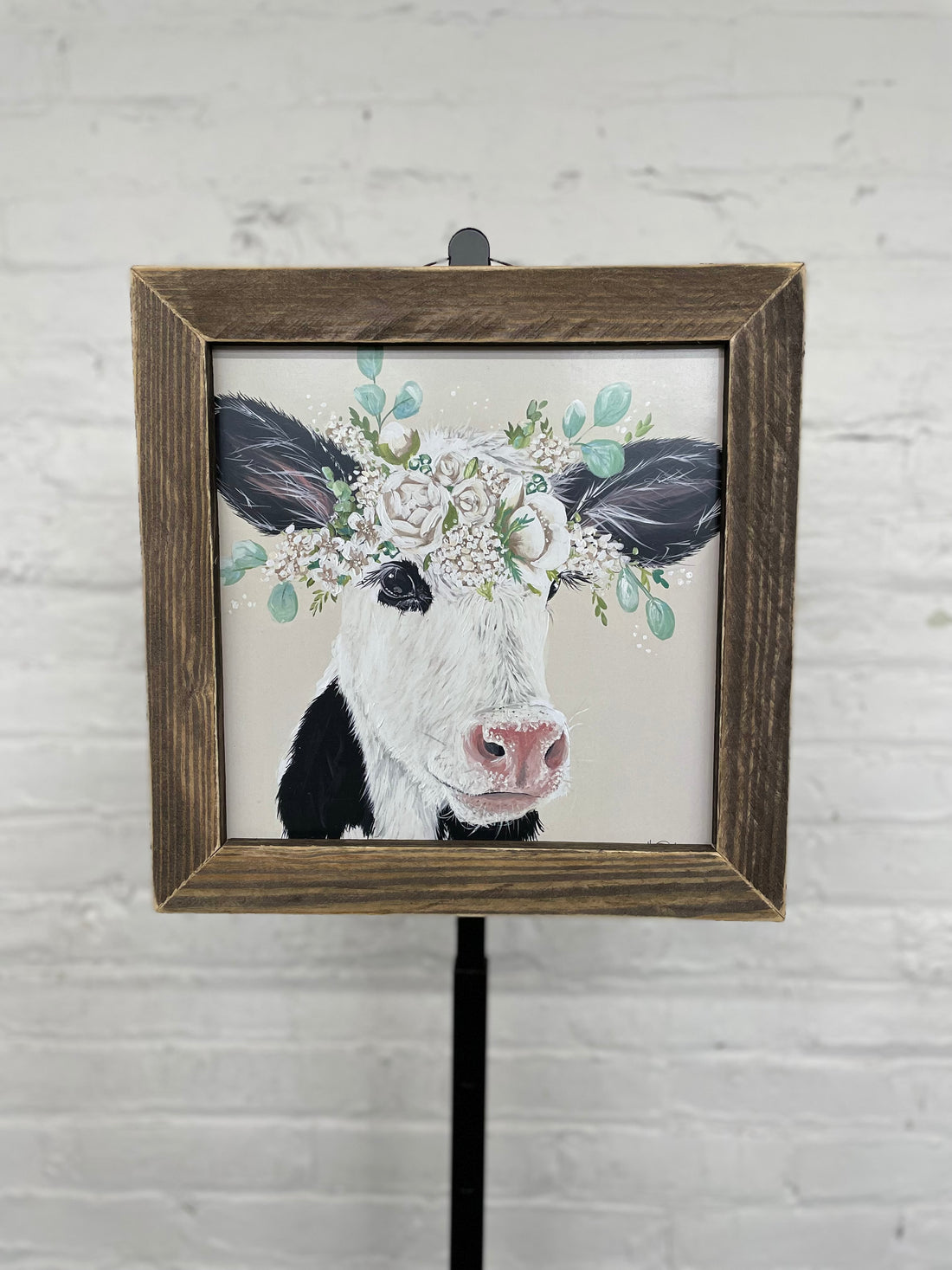Jan Michaels' Patience the Cow Hanging Sign - Brown Stain Frame