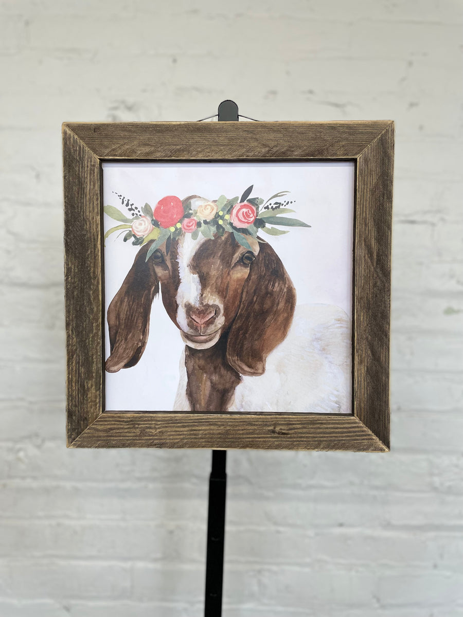 Jan Michaels' Garden Goat Hanging Sign - Brown Stain Frame