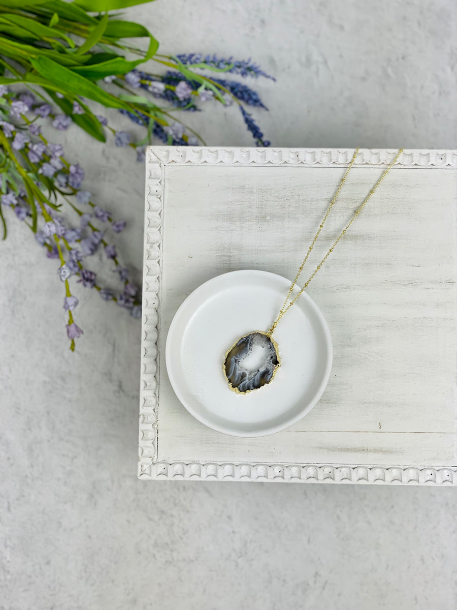 Gold Grey + White Geode Necklace