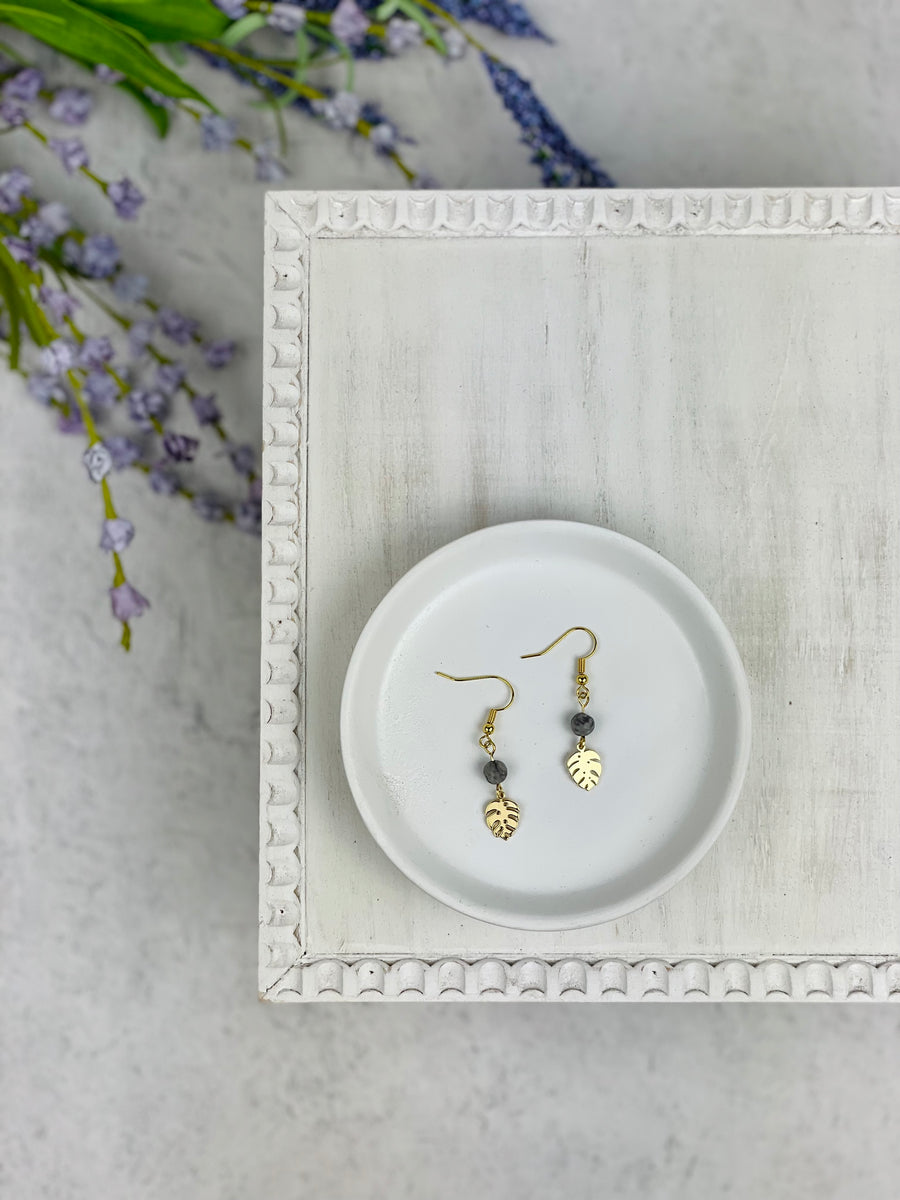 Gold Leaf with Grey Bead Drop Earrings