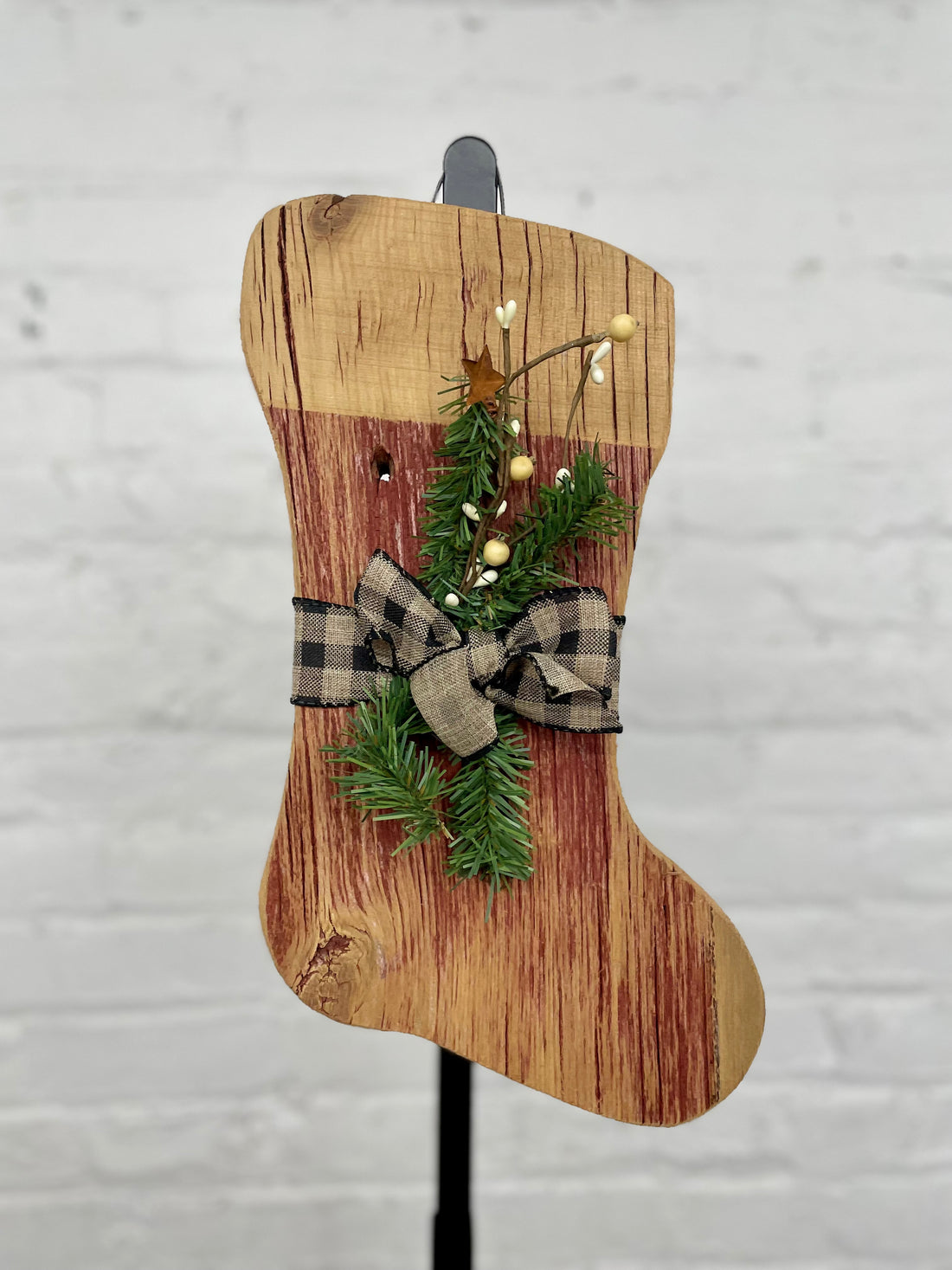 Hanging Wood Boot with Plaid Ribbon and Sprig