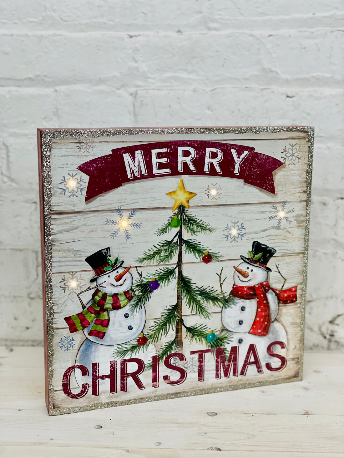 Merry Christmas Snowman Sign with LED Lights