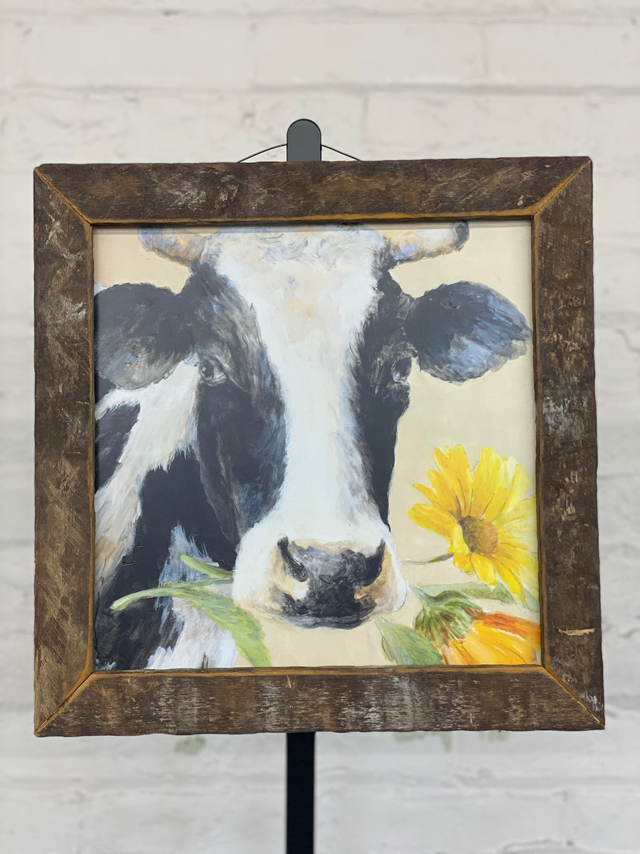 Jan Michaels' Cow With Yellow Flowers Hanging Sign