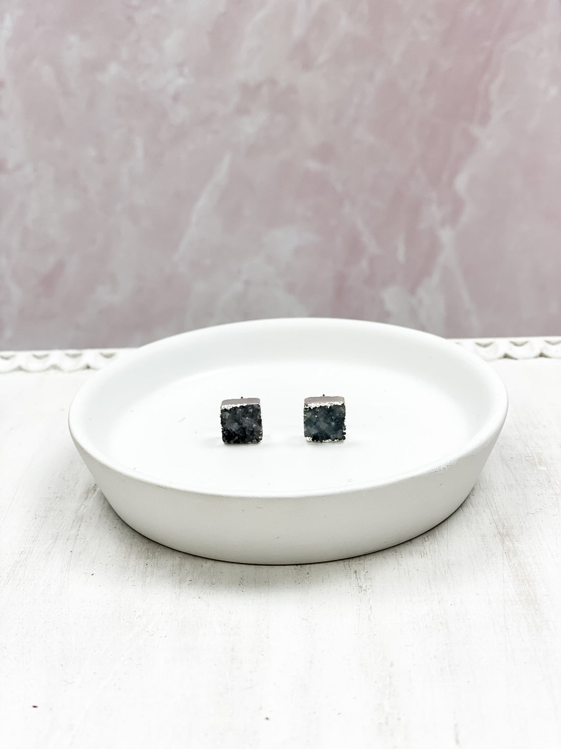 Silver Gray Square Druzy Stud Earrings