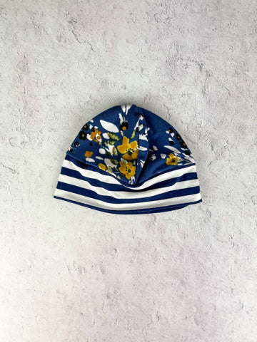 Navy Floral & Striped Baby Beanie - 0-6mo