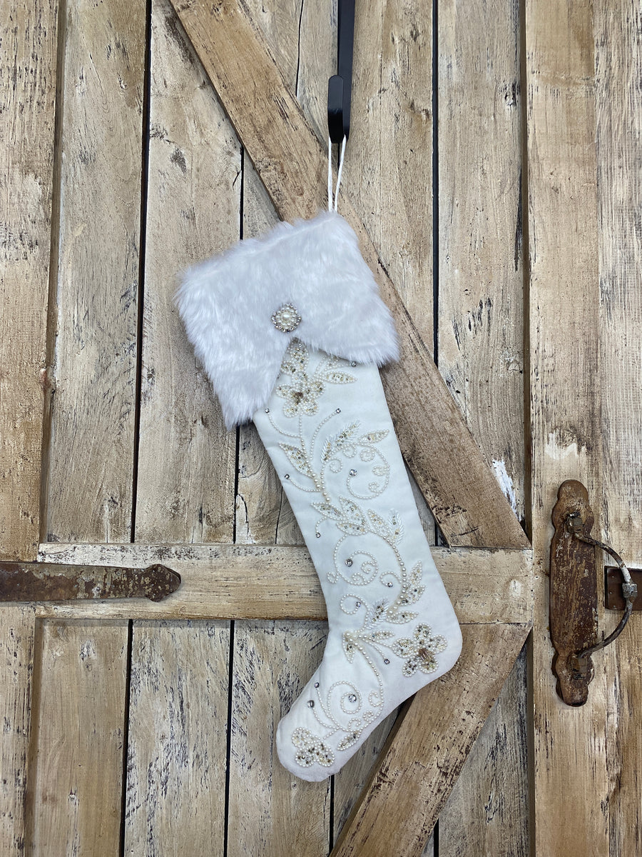 White Beaded + Sequin Holiday Stocking