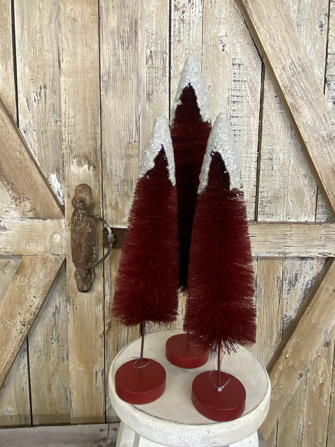 Red Bottle Brush Trees with Snow Frosted Top