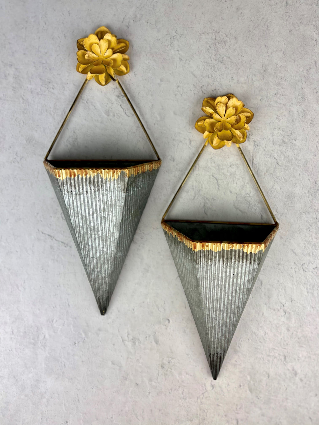 Galvanized Metal Wall Pocket with Yellow Flower