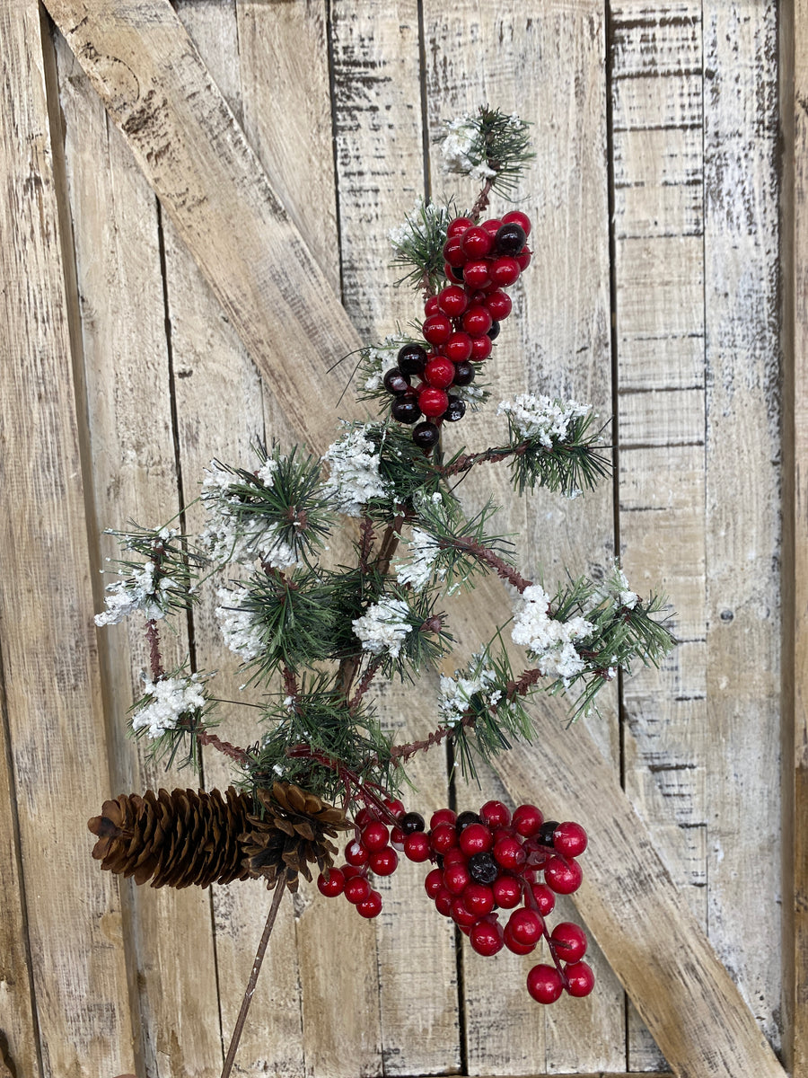 Snowy Branch With Pinecones and Berries