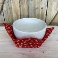 White Snowflake Red Bowl Cozy