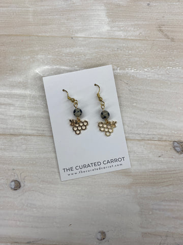 Gold Honey Comb with Dalmatian Bead Drop Earrings