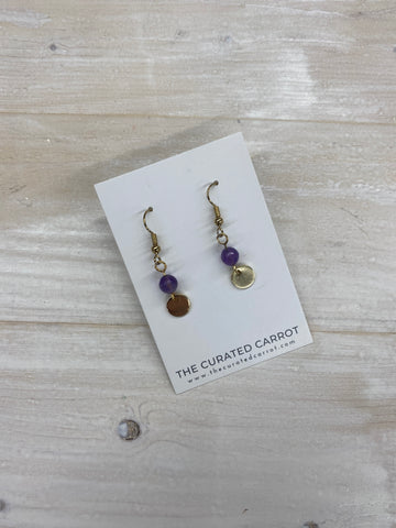 Gold Circle with Purple Bead Drop Earrings