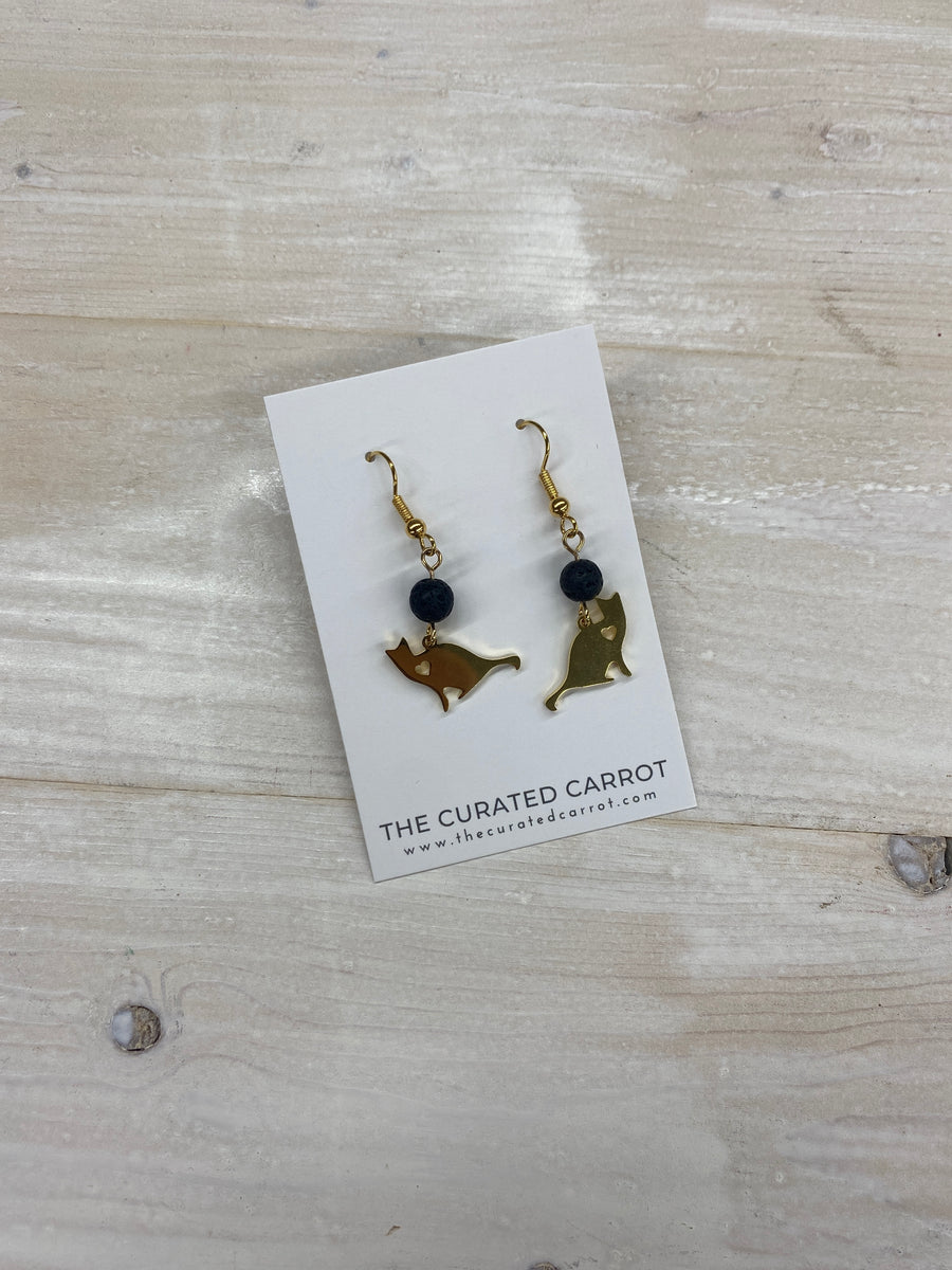 Gold Sitting Cat with Black Bead Drop Earrings